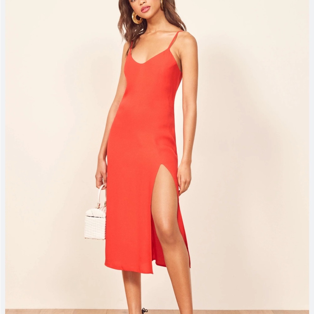 Reformation “Crimini” dress in solid red/orange
